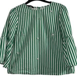 Zara Basic Size M Top Stripped Bell Sleeves Pearl Embellished Career Officewear